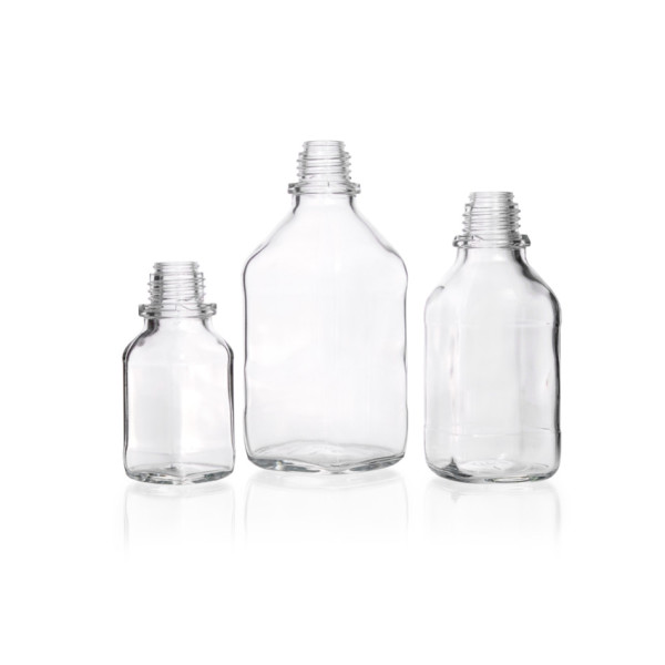 DWK Vierkant-Schraubflasche, Kalk-Soda-Glas, klar, hohe Form, Enghals, mit DIN 32 H Gewinde, 250 ml