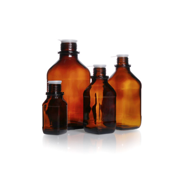 DWK Square bottle, narrow neck, amber, 100 ml, with dust cap & pouring ring, soda-lime-glass