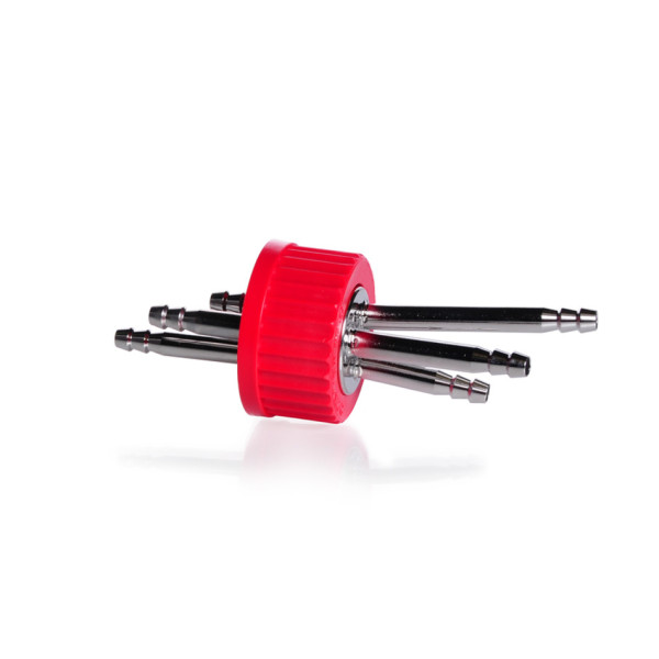 DWK DURAN Connection Cap System GL 45 with red PBT screw-cap, with 3-ports (stainless steel)