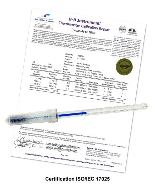 SP Bel-Art, H-B DURAC Plus Calibrated DryBlock/Incubator Liquid-In-Glass Thermometer; 50to 110C, 35m