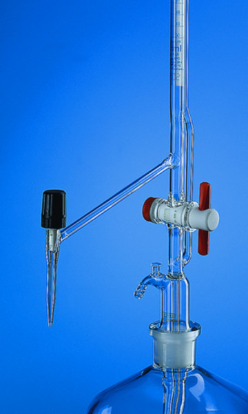 BRAND Automatic burette, BLAUBRAND®, class AS, DE-M, 10:0.02 ml, lateral valve cock, intermediate stopcock and PTFE key, without bottle, blue Schellbach stripe