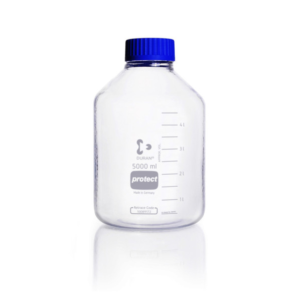 DWK DURAN® GLS 80 Laboratory glass bottle, protect, wide neck, plastic coated (PU), with screw cap and pouring ring (PP), 5000 ml