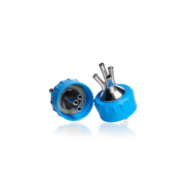 DWK DURAN® Connection Cap System GL 45 with cyan PP screw cap, with 4-port (stainless steel)