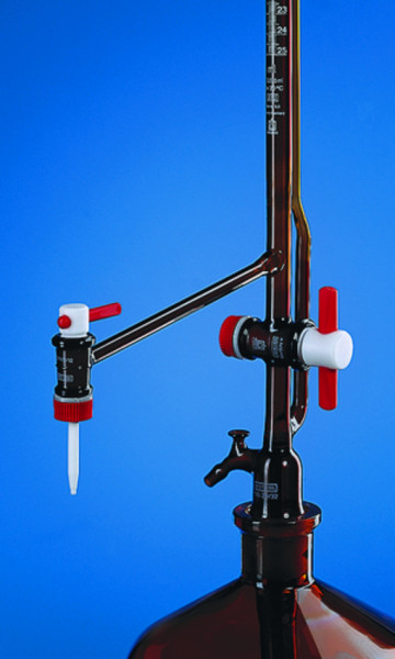 BRAND Automatic burette, SILBERBRAND, Class B, 25:0.1 ml, amber, intermediate stopcock, lateral stopcock, PTFE spindle, without bottle