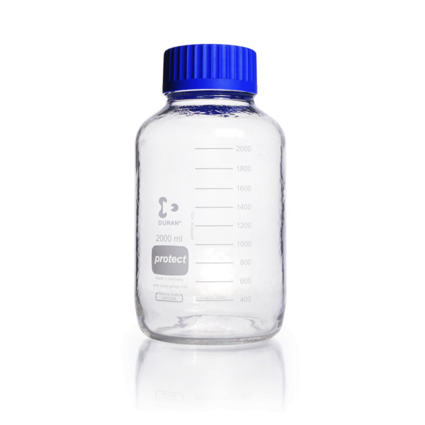 DWK DURAN® GLS 80 Laboratory glass bottle, protect, wide neck, plastic coated (PU), with screw cap and pouring ring (PP), 2000 ml