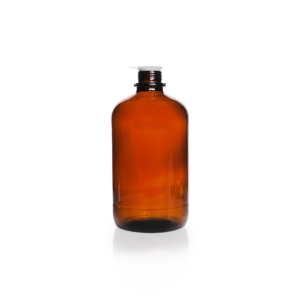 DWK Round bottle, narrow neck, amber, soda-lime-glass, pouring ring and dust cap, 2500 ml