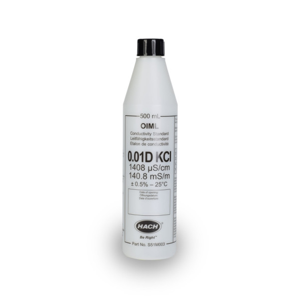 Hach Certified OIML Conductivity Standard Solution, 1408 µS/cm, KCl 0.01D, 500 mL